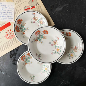 Vintage 1920s Handpainted Restaurant Ware Berry Bowls with Bird and Poppy Pattern