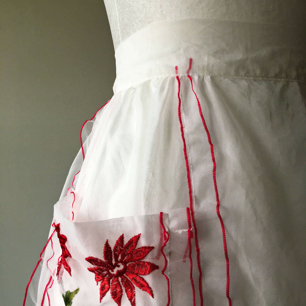 Vintage 1940s Sheer Half Apron - Red and White Poinsettia Flowers - 100% Nylon - Holiday HostessStyle