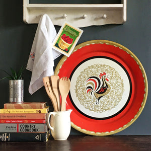 Vintage Red Rooster Metal Tray Designed by Marcelline Stoyke - 1950s Barbecue Platter