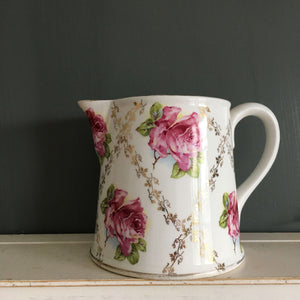 Antique Homer Laughlin Jug Pitcher - White with Pink Roses and Gold Leaf Trellis Pattern - KR80 Stamp circa 1880s