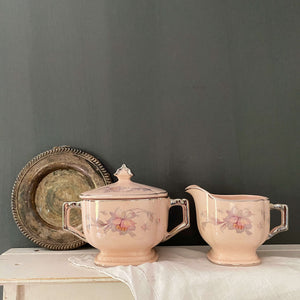 Vintage 1930s Pink Floral Cream & Sugar Set - Royal Beige Ware Silver Moon Pink Pattern by American Limoges