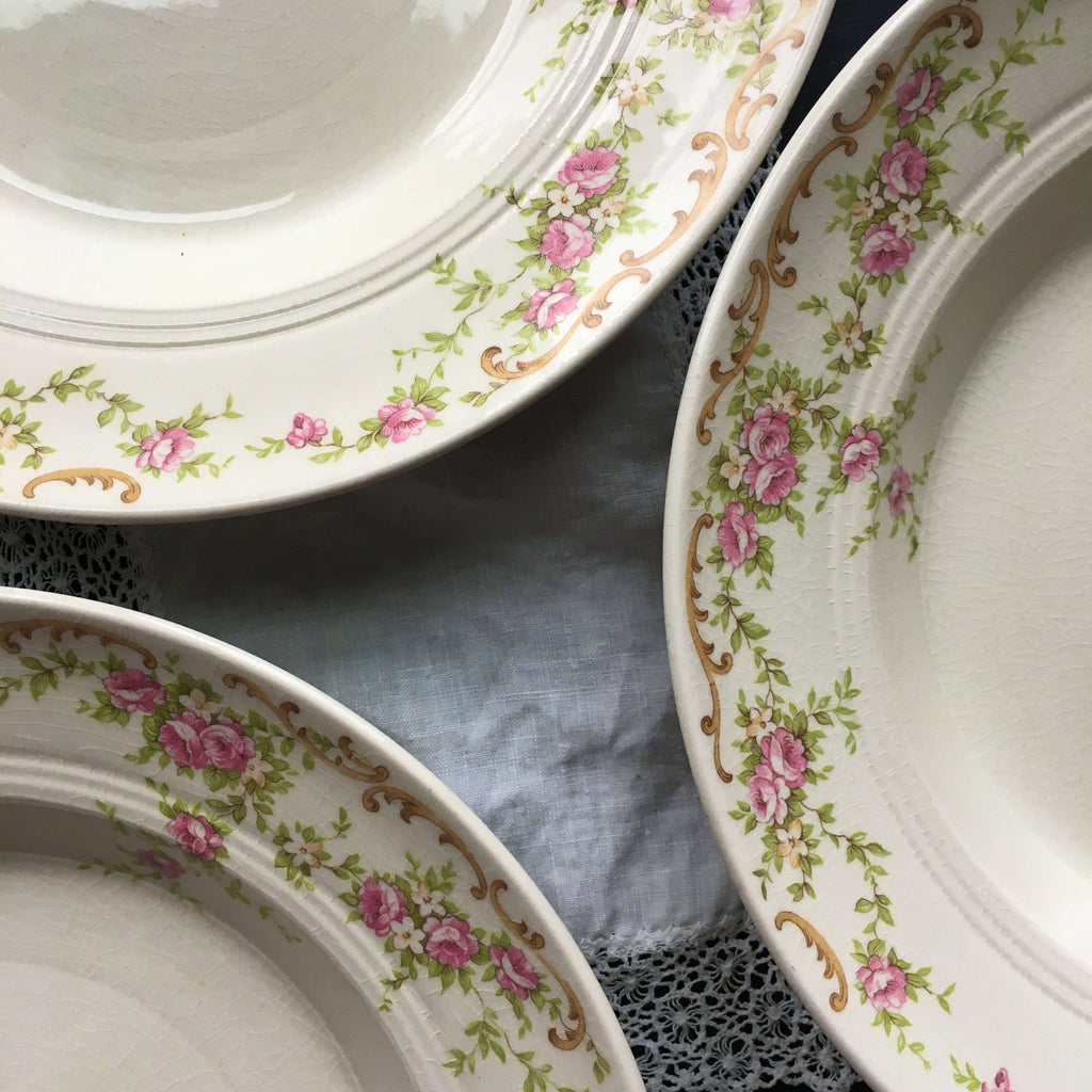 Vintage Salem China Sandra Pattern Rimmed Soup Bowls - Set of Three Pink Rose Floral Bowls