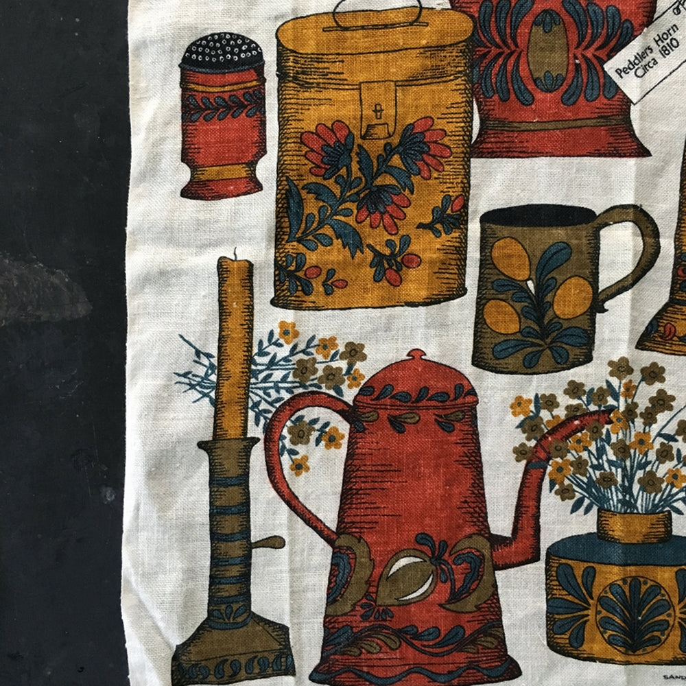 Vintage 1960s Linen Tea Towel - Sandy Parsons for Kay Dee Designs - American Painted Tinware Fancy