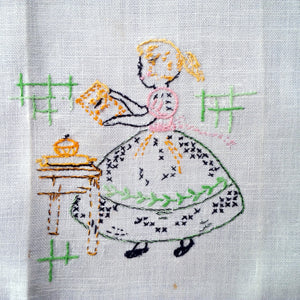 1940s Embroidered Linen Tea Towel - Day of the Week Design - Saturday Baking