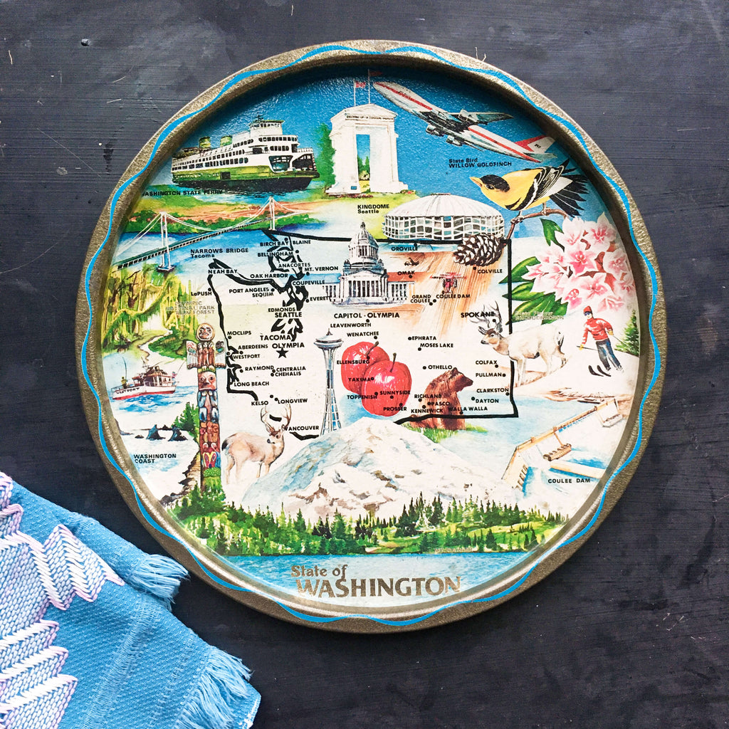 Vintage 1960's  Metal Serving Tray - State of Washington Travel Souvenir - Collectible Maps