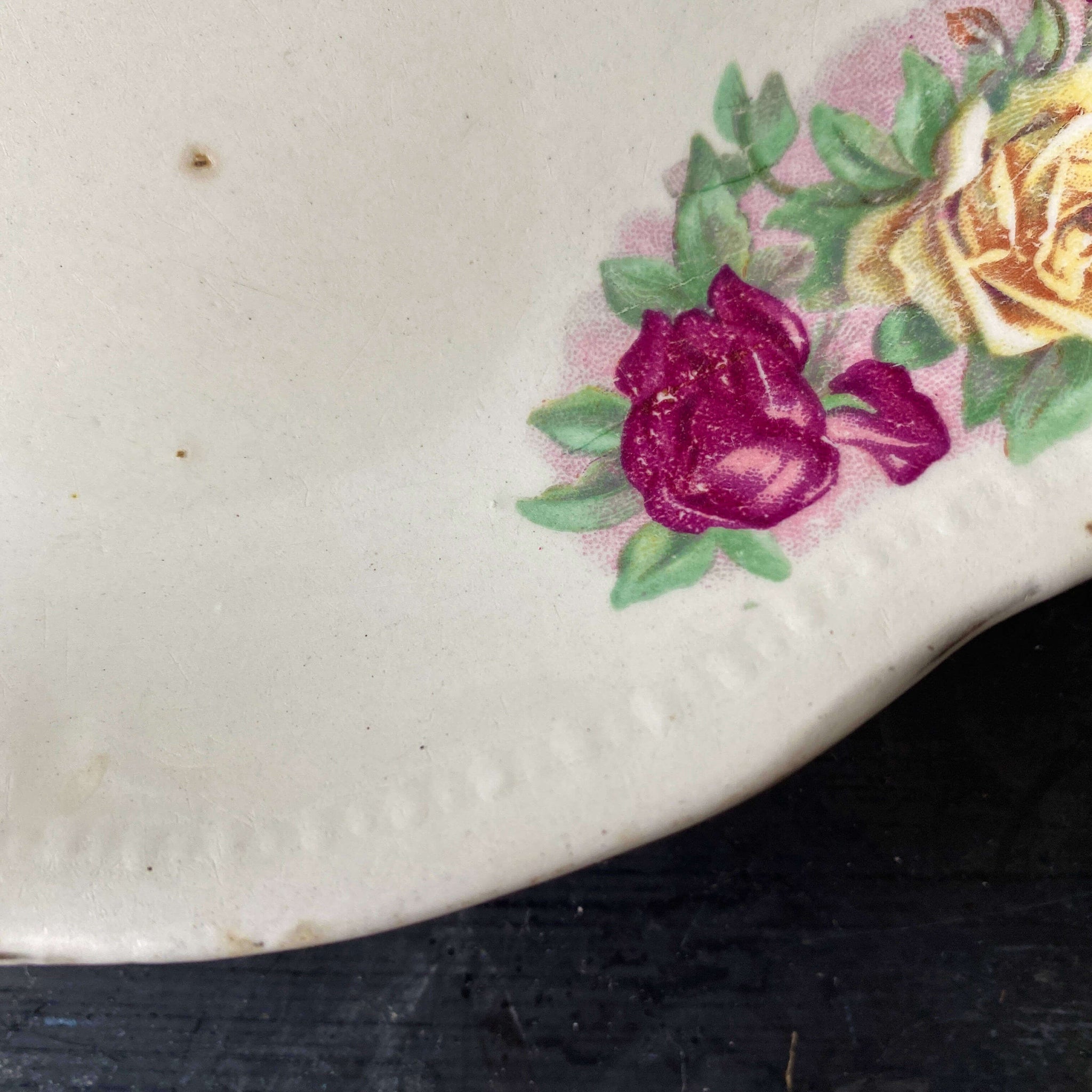 Antique Purple and Yellow Roses Platter with Embossed Ribbons