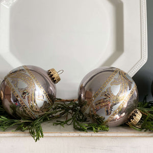 Vintage Christmas by Krebs Silver Glass Ornaments - Scroll Collection with Gold Glitter Bands - Set of 4