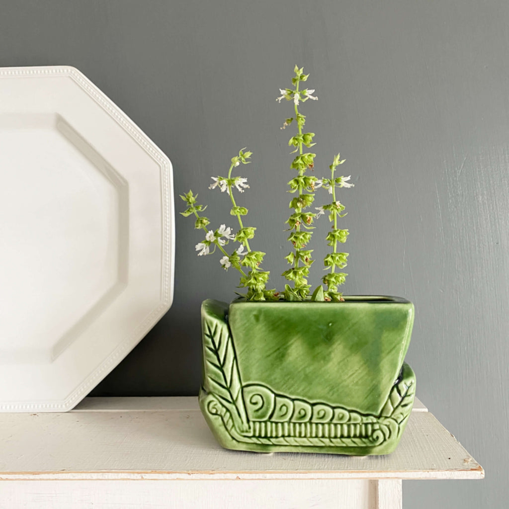 Vintage Small Green Pottery Planter Vase with Etched Leaf Designs