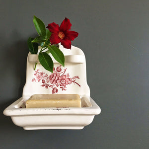 Vintage Charlotte Royal Crownford Soap Dish Wall Holder - Staffordshire England - Red Floral Transferware