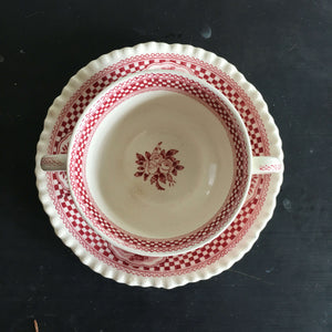 Antique W. Adams Ironstone Bouillon Soup Cup and Saucer - Old English Rural Scenes Circa 1920 - Red Transferware