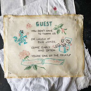 Rare Vintage Embroidery Guest Sign - Handstitched Embroidered Poem - Standing Invitation