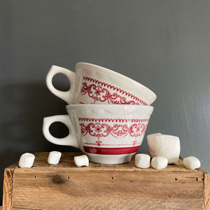 Vintage Sterling China Restaurant Ware Cups - Red Scallops & Stripes - Set of Two - Circa 1980s