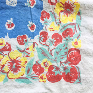 Vintage 1950's Cotton Tablecloth - Strawberry Floral - Red, Blue, Yellow & Mint Rectangle