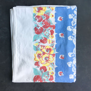 Vintage 1950's Cotton Tablecloth - Strawberry Floral - Red, Blue, Yellow & Mint Rectangle