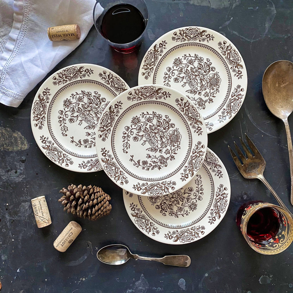 Vintage Brown & White Floral Bread Plates - Set of 4 Royal China Co Sussex Jeanette circa 1980s