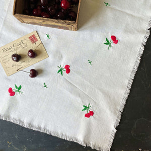 Vintage Embroidered Cherries Tablecloth 35x36