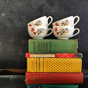 Vintage Midcentury Autumn Teacups - Red Cardinal Flowers with Green and Gold Leaves - USA - Set of 4