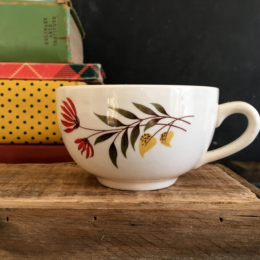 Vintage Midcentury Autumn Teacups - Red Cardinal Flowers with Green and Gold Leaves - USA - Set of 4