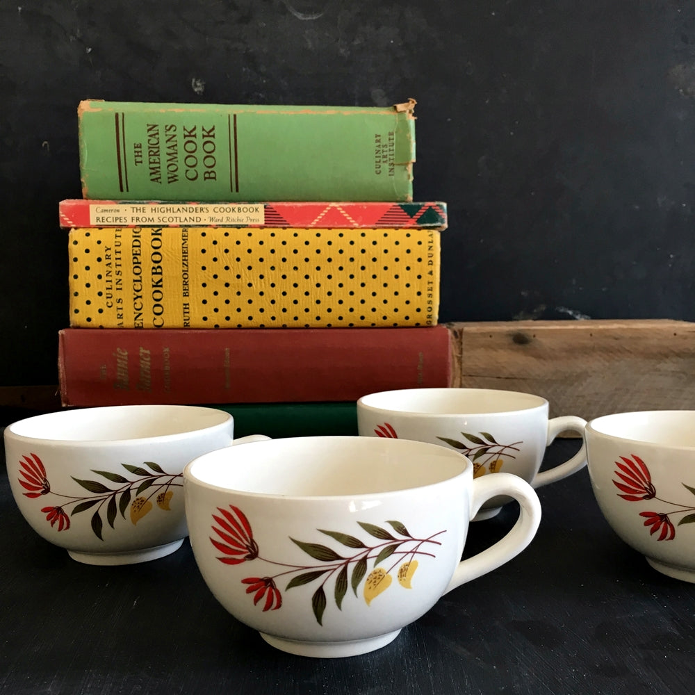 Vintage Midcentury Autumn Teacups - Red Cardinal Flowers with Green and Gold Leaves - USA - Set of 4