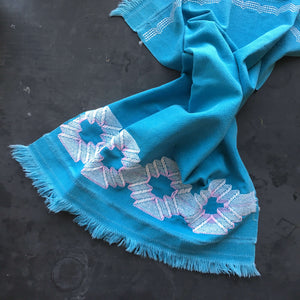 Vintage Teal Blue Cotton Kitchen Towel  with Embroidered Boho Design