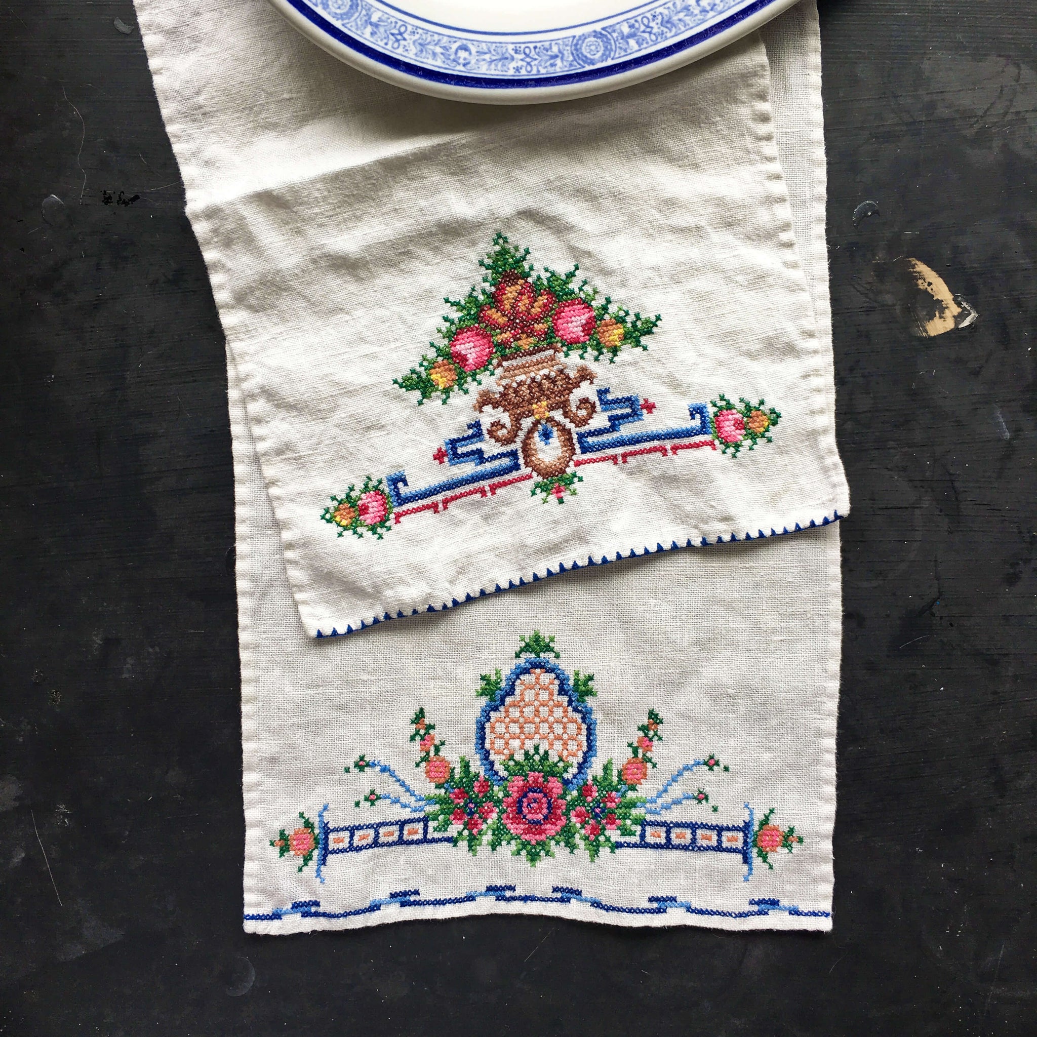 Vintage Cross Stitch Embroidery Kitchen Towels - Set of Two - Colorful Florals
