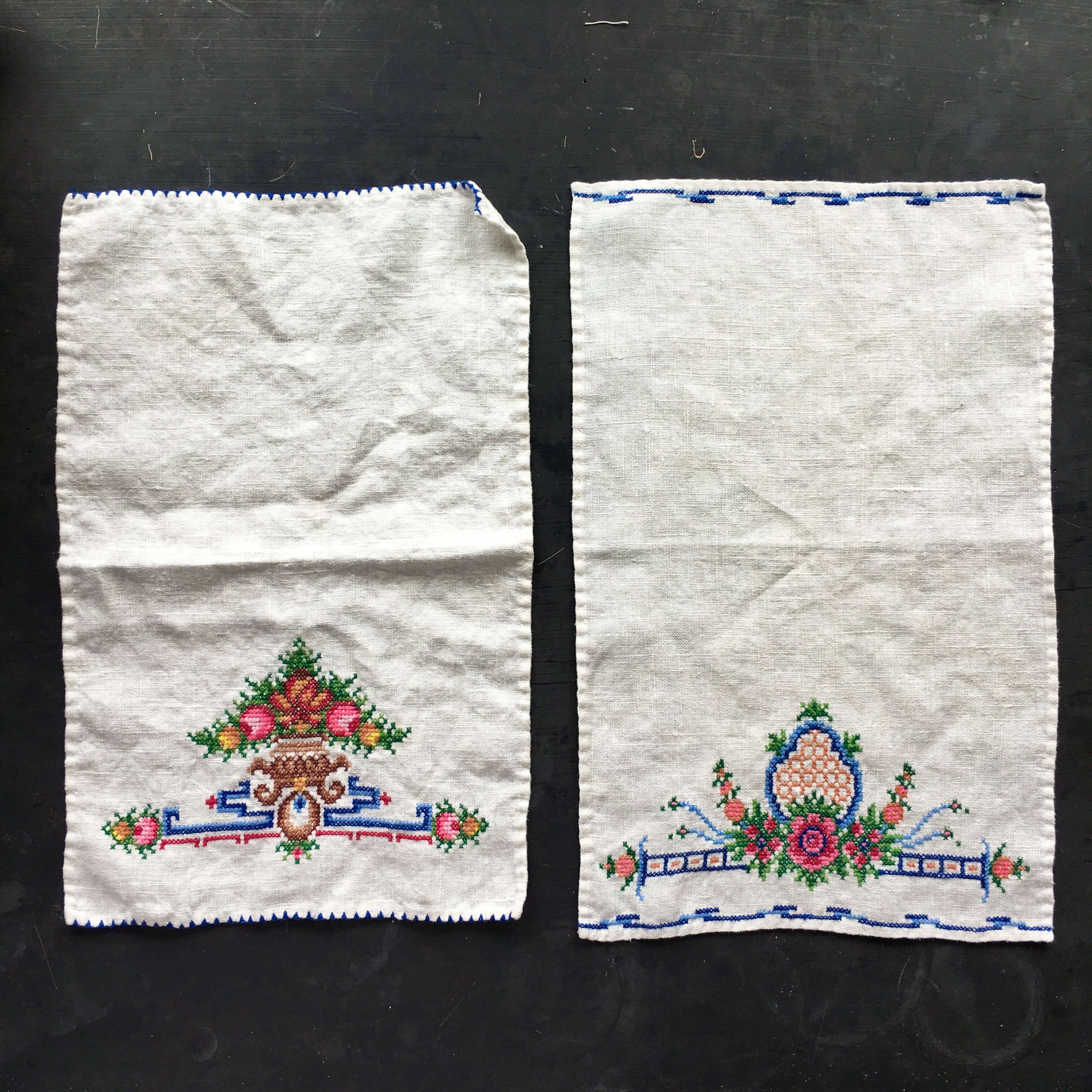Vintage Cross Stitch Embroidery Kitchen Towels - Set of Two - Colorful Florals