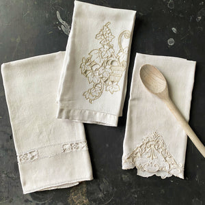 Vintage White Embroidered Kitchen Linens - Set of Three