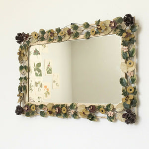 Vintage Italian Tole Mirror - Floral 1950s Toleware 24x16 - Shabby Chic Cottage