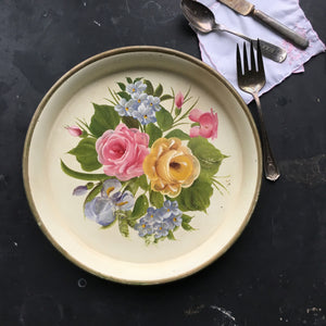 Vintage Round Tole Metal Tray - Handpainted Rose and Iris Bouquet
