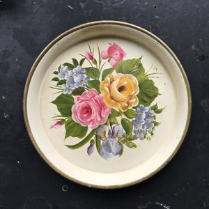 Vintage Round Tole Metal Tray - Handpainted Rose and Iris Bouquet