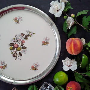 Revere Pewter and Porcelain Round Vintage Floral Tray - 1940s Cherry Branch Pattern with Felt Backing -