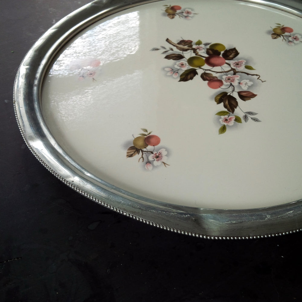Revere Pewter and Porcelain Round Vintage Floral Tray - 1940s Cherry Branch Pattern with Felt Backing -