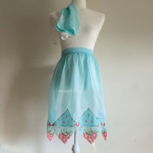 Vintage 1950s Organdy Apron with Handkerchief Hem - Mint Green Cloth Pink Tulips and Lilies of the Valley Design