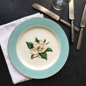 Vintage 1950s Lifetime China Co Turquoise Dinner Plate - Magnolia Flower - Made by Homer Laughlin