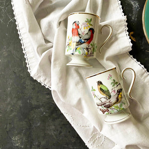 Vintage Bird Coffee Cups - Porcelain Pedestal Mugs - Made by Royal Crown Arnart Japan  - Lovebirds Series circa 1970s
