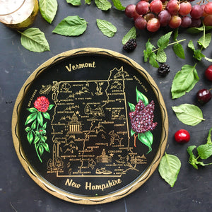 Vintage 1960's Vermont New Hampshire Tin Tray - Travel Souvenir - Black and Gold Travel Collectibles