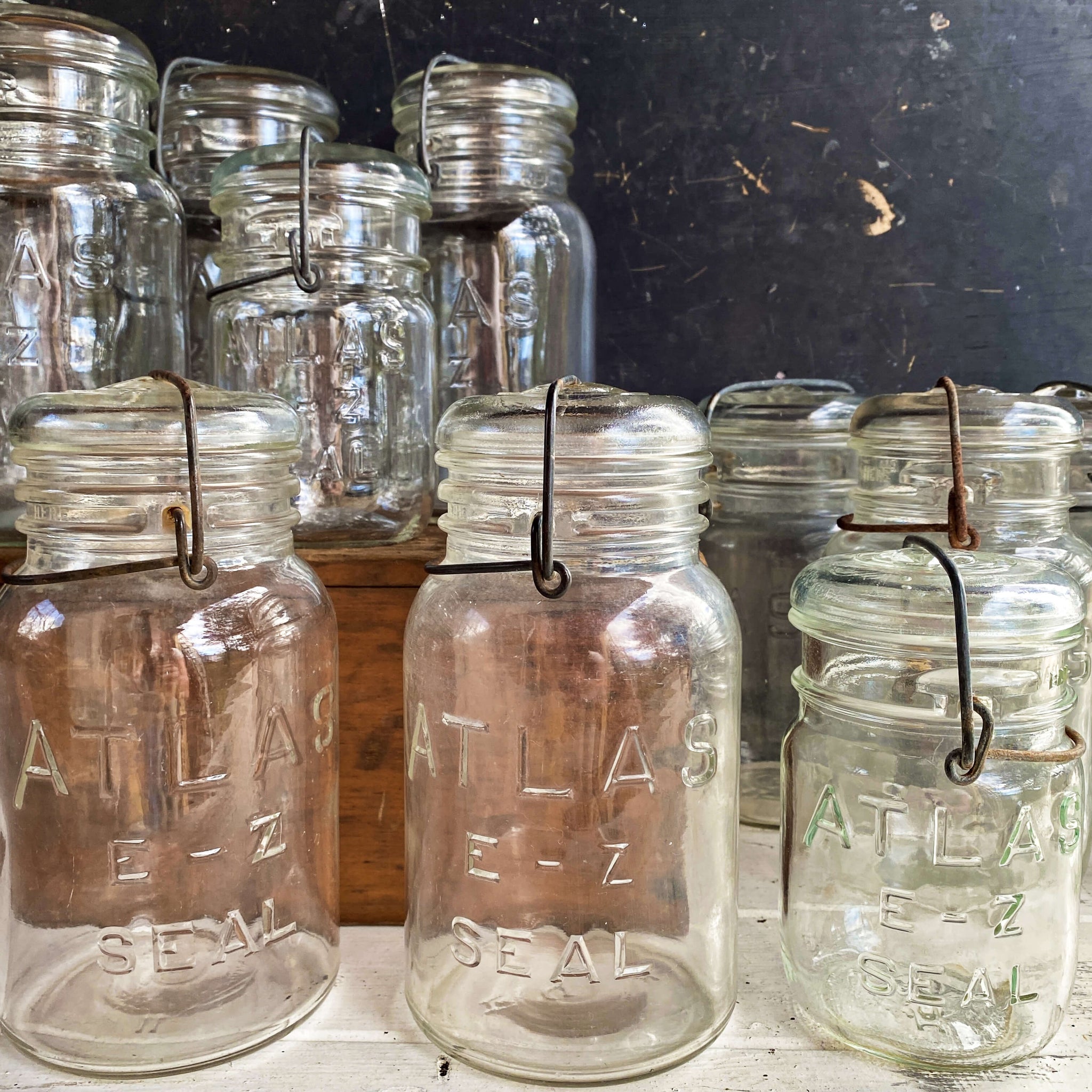 Vintage Atlas E-Z-Seal Glass Jars with Bail Wire - Quart and Pint Sizes - 15 Available