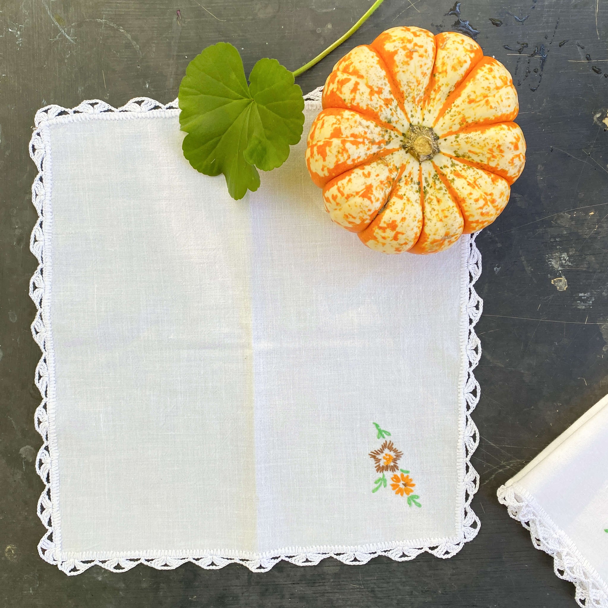 Vintage Embroidered Cocktail Napkins with Autumn Flowers - Pair of Two