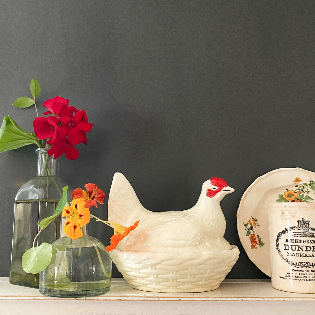 Vintage Ceramic Hen on Nest Covered Dish circa 1979
