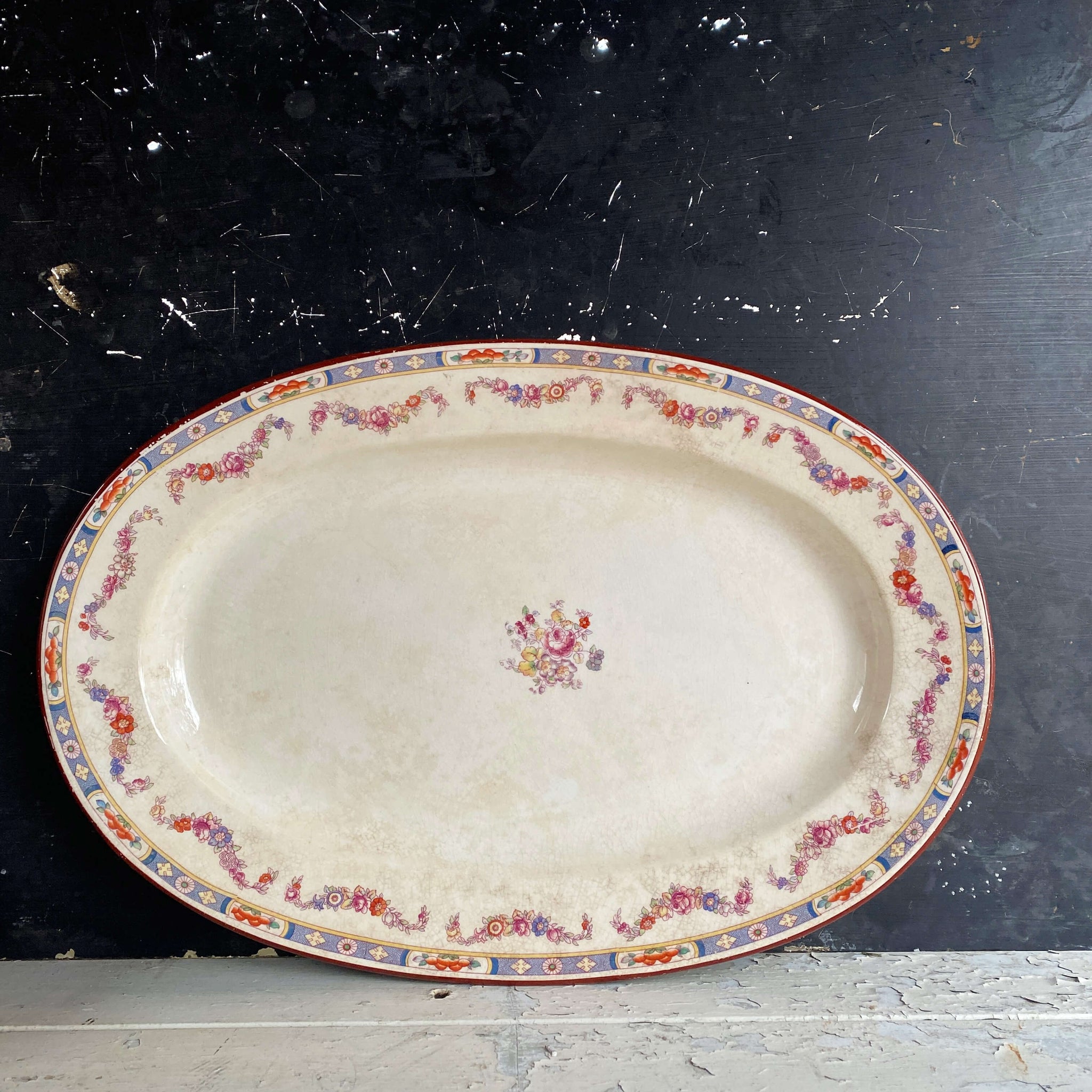 Large Antique 1920s Platter by Taylor Smith Taylor Blue Red Orange Roses circa 1921