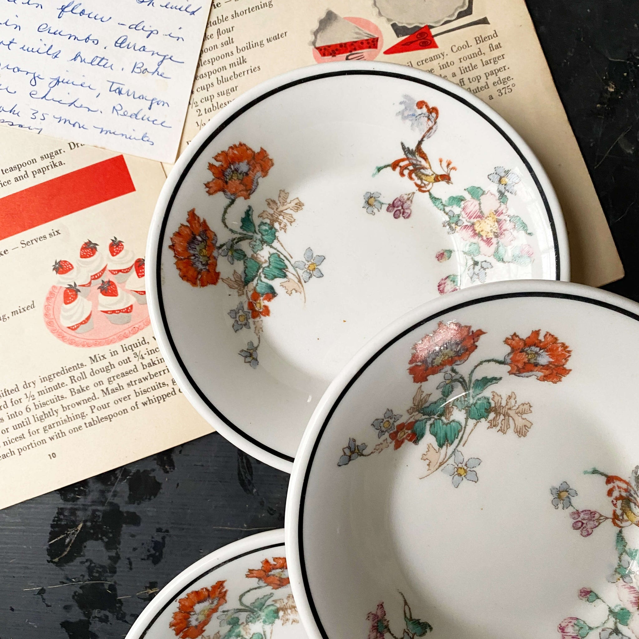 Vintage 1920s Handpainted Restaurant Ware Berry Bowls with Bird and Poppy Pattern
