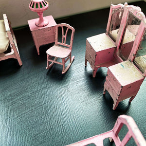 Vintage 1920s Tootsietoy Dollhouse Pink Bedroom Furniture - Set of Eight Pieces