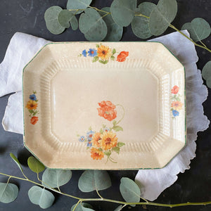Vintage Octogon- Shaped Platter with Green Stripe Poppy Flowers and Yellow Daisies