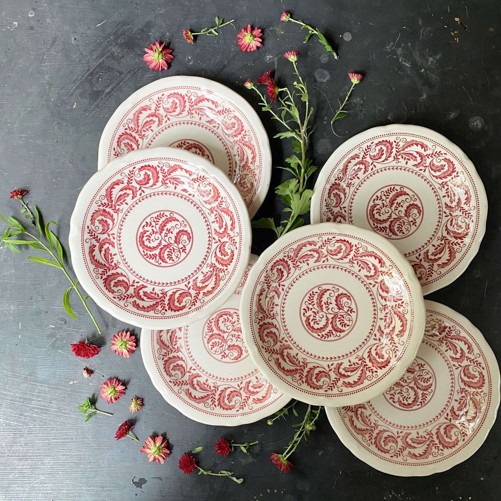 Vintage Shenango Peppercorn Salad Plates - Set of Six Red and White Restaurant Ware circa 1980s