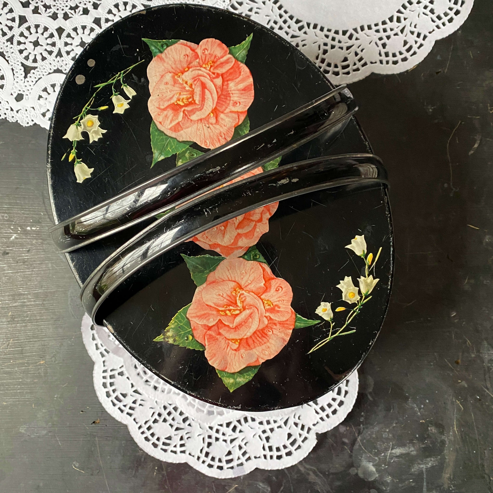 Vintage 1950s Biscuit Tin with Handles Pink Camellia Flowers and Lilies of the Valley