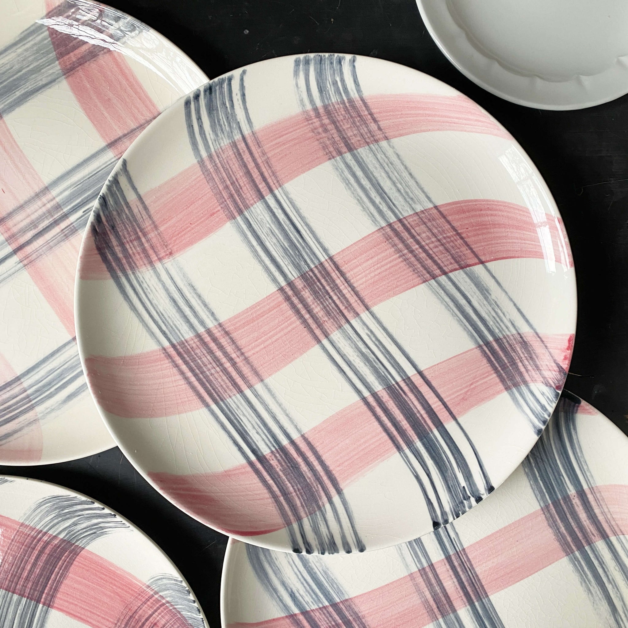 Vintage 1950s Pink Plaid Dinner Plates by Stetson - Pink N' Charcoal Pattern - Set of Four