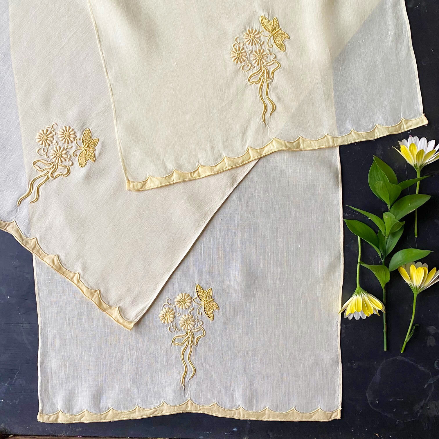 Vintage 1950s Marghab Yellow Butterfly Linens - Guest Towel Size - Embroidered Flowers & Butterfly - Set of Three