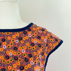 Vintage Smock Apron with Orange Flowers and Navy Blue Trim circa 1950s-1970s