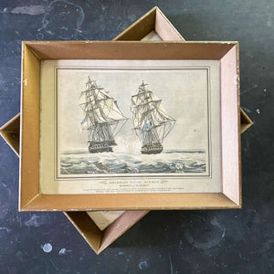 Vintage Framed Nautical Ship Art - 18th Century American Naval Scenes - Pair of Two