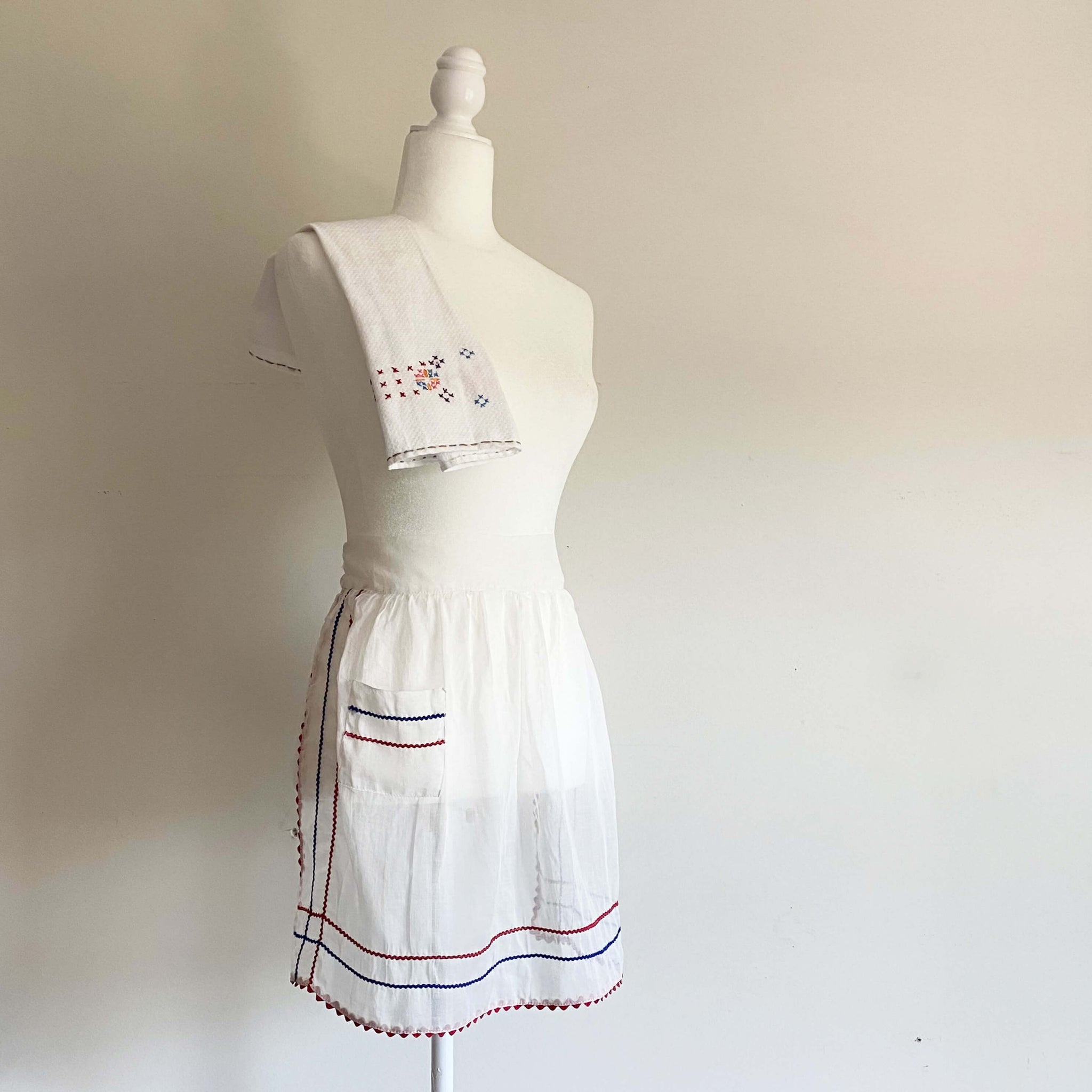 Vintage Sheer Half Apron with Red and Blue Ric Rac Stripes circa 1940s